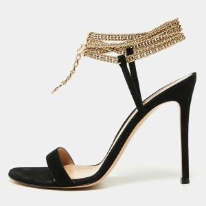 Pre Owned Gianvito Rossi Black  Suede Debbie Chain Ankle Strap Sandals Size 39
