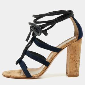 Pre Owned Gianvito Rossi Navy Blue Suede And Leather Cork Heel  Ankle Wrap Sandals Size 40