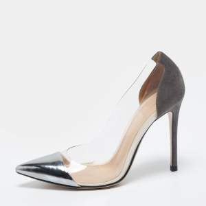 Pre Owned Gianvito Rossi Dark Grey Patent Leather And PVC Plexi Pointed Toe Pumps Size 38