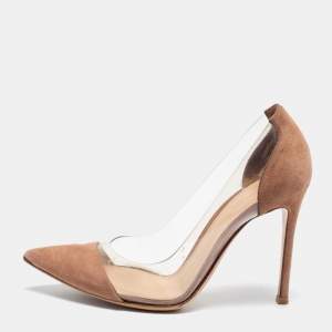 Pre Owned Gianvito Rossi Brown Suede And PVC Plexi Pointed Toe Pumps Size 36
