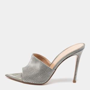 Pre Owned Gianvito Rossi Metallic Grey Textured Fabric Alise Mules Size 38