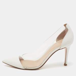 Pre Owned Gianvito Rossi White Leather And PVC Plexi Pointed Toe Pumps Size 37