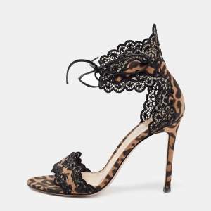 Pre Owned Gianvito Rossi Black/Brown Lace and Leopard Print Satin Ankle-Tie Sandals Size 36