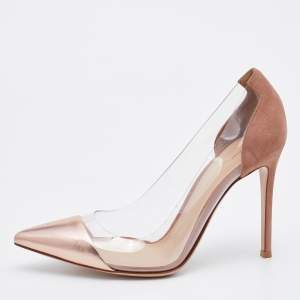 Pre Owned Gianvito Rossi Metallic Rose Gold Leather And PVC Plexi Pointed Toe Pumps Size 38.5