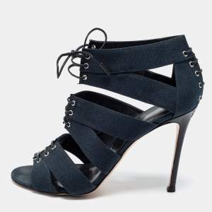 Gianvito Rossi Blue Canvas Lace Up Roxy Caged Sandals Size 39.5