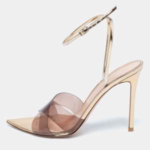 Pre Owned Gianvito Rossi Brown/Light Gold PVC and Leather Plexi Stark Ankle-Strap Sandals Size 41