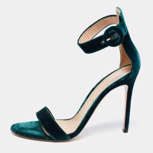Pre Owned Gianvito Rossi Dark Green Velvet Portofino Ankle-Strap Sandals Size 41