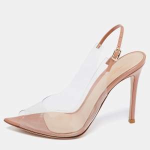 Pre Owned Gianvito Rossi Brown Leather and PVC Peep Toe Slingback Sandals Size 37.5