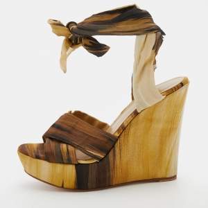 Pre Owned Gianvito Rossi Multicolor Fabric Strappy Ankle Wrap Platform Wedge Sandals Size 38