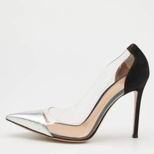 Pre Owned Gianvito Rossi Black/Silver Leather, Suede and PVC Plexi Pointed Toe Pumps Size 38.5