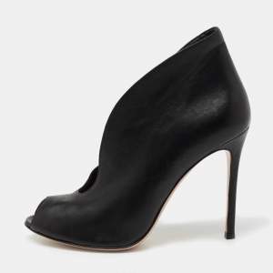 Pre Owned Gianvito Rossi Black Leather V-Neck Peep-Toe Ankle Booties Size 38.5
