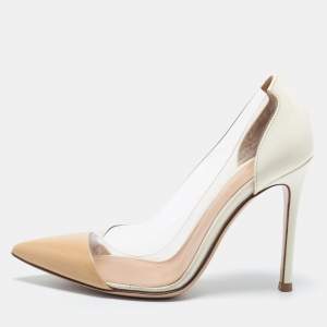 Pre Owned Gianvito Rossi Beige/White Patent Leather and PVC Plexi Pointed Toe Pumps Size 34
