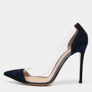 Pre Owned Gianvito Rossi Blue/White Leather And PVC Plexi Pumps Size 39.5