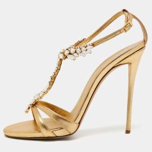 Pre Owned Gianvito Rossi Gold Leather Embellished Ankle Strap Sandals Size 40