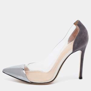 Pre Owned Gianvito Rossi Metallic/Grey Leather, Suede and PVC Plexi Pumps Size 37.5