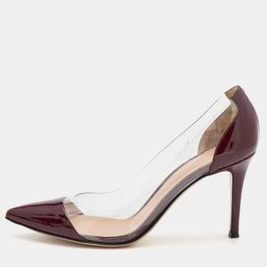 Gianvito Rossi Burgundy/Transparent Patent Leather and PVC Plexi Pointed Toe Pumps Size 37.5