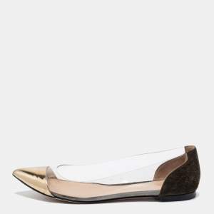 Pre Owned Gianvito Rossi Gold/Army Green Leather, Suede and PVC Plexi Ballet Flats Size 40
