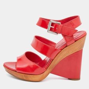 Gianvito Rossi Red Leather Wedge Strappy Sandals Size 37.5 
