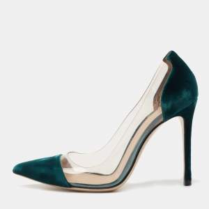 Pre Owned Gianvito Rossi Dark Green Velvet and PVC Plexi Pumps Size 38