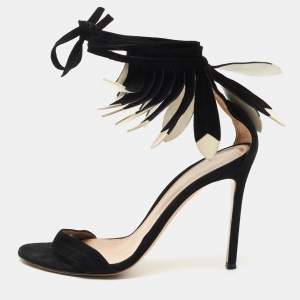 Pre Owned Gianvito Rossi Black Suede Fringe Ankle Tie Sandals Size 38.5