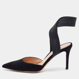 Pre Owned Gianvito Rossi Black Suede and Elastic Strap Pointed Toe Ankle Wrap Pumps Size 36.5