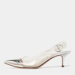 Pre Owned Gianvito Rossi Silver Patent Leather and PVC Plexi Slingback Pumps Size 38.5