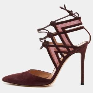 Pre Owned Gianvito Rossi Burgundy Suede and Mesh Ankle Wrap Sandals Size 37