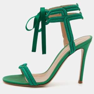 Pre Owned Gianvito Rossi Green Metallic Fabric Ankle Strap Sandals Size 36.5