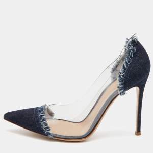 Pre Owned Gianvito Rossi Navy Blue Denim and PVC Plexi Pointed Toe Pumps Size 39.5