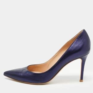 Pre Owned Gianvito Rossi Metallic Navy Blue Leather Pointed Toe Pumps Size 37.5