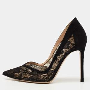 Pre Owned Gianvito Rossi Black Lace and Suede Pumps Size 37