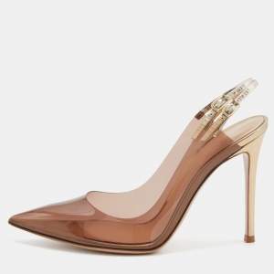 Pre Owned Gianvito Rossi Brown/Gold PVC and Leather Kyle Pointed Toe Slingback Pumps Size 39