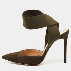 Pre Owned Gianvito Rossi Dark Green Suede  Pointed Ankle Wrap Sandals Size 38