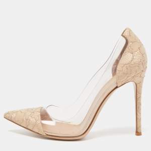 Pre Owned Gianvito Rossi Beige Lace and PVC Plexi Pointed Toe Pumps Size 39