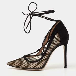 Pre Owned Gianvito Rossi Black Suede and Mesh Pointed Toe Ankle Tie Pumps Size 38