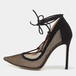 Pre Owned Gianvito Rossi Black Suede and Mesh Ankle Tie Pumps Size 38