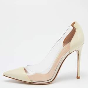 Pre Owned Gianvito Rossi Cream Leather and  PVC Plexi Pointed toe Pumps Size 37