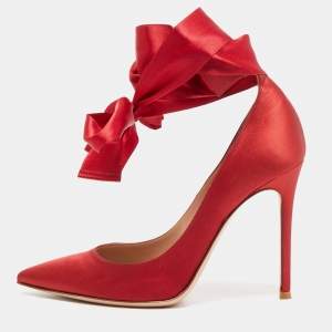 Pre Owned Gianvito Rossi Red Satin Gala Ankle Tie Pumps Size 38