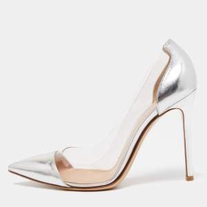 Pre Owned Gianvito Rossi Silver Leather and PVC Plexi Pumps Size 38