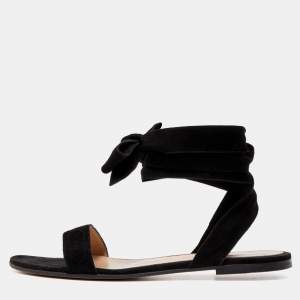 Pre Owned Gianvito Rossi Black Suede Ankle Wrap Flat Sandals Size 38.5