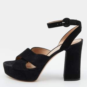 Pre Owned Gianvito Rossi Black Suede Block Heel Ankle Strap Sandals Size 39