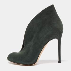 Pre Owned Gianvito Rossi Dark Green Suede Vamp Peep Toe Booties Size 35.5