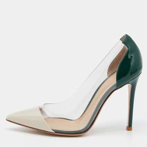 Pre Owned Gianvito Rossi White/Green Patent Leather and PVC Plexi Pointed Toe Pumps Size 37