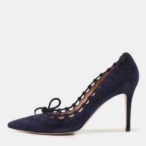 Pre Owned Gianvito Rossi Blue Suede Lace Bow Pointed Toe Pumps Size 39