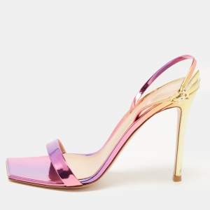 Pre Owned Gianvito Rossi Pink/Gold Foil Leather Ribbon Stiletto Ankle Strap Sandals Size 39
