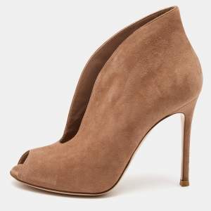 Pre Owned Gianvito Rossi Brown Suede Vamp V- Neck Peep Toe Booties Size 37.5
