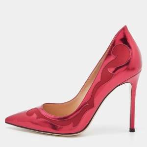 Pre Owned Gianvito Rossi Burgundy Laser Cut Leather and Satin Pointed Toe Pumps Size 38