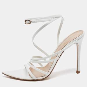 Pre Owned Gianvito Rossi White Patent Leather Strappy Ankle Wrap Sandals Size 39
