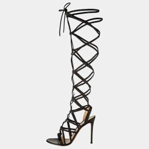 Pre Owned Gianvito Rossi Black Leather Braided Gladiator Knee High Sandals Size 38