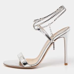 Pre Owned Gianvito Rossi Silver Leather Crystal Embellished Tennis Sandals Size 37
